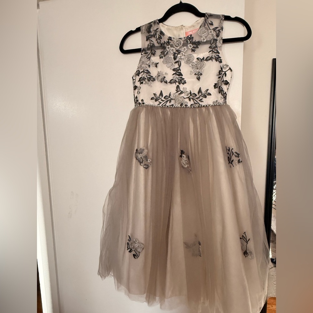 Girls Beige and Black Floral Tulle Party Dress